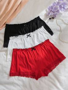 PetitDoll 3 条装大码女式棉质内裤，带蕾丝裤脚和荷叶边腰带，休闲 - 彩色 - 查看 3