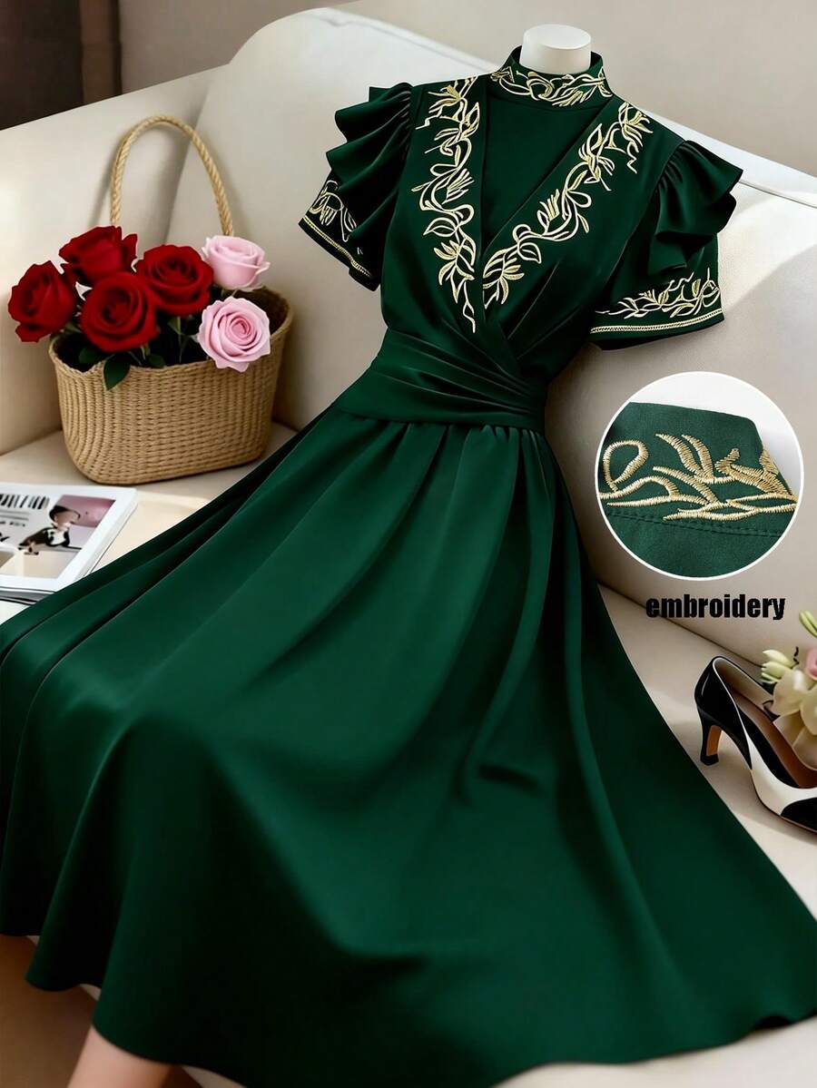 GlowEve Women's Embroidered Collar Waist A-Line Elegant Everyday Vacation French Retro Commute Fashion Valentine's Day Date Street Versatile Party Midi Dress, Olive Green, Early Spring/Spring-Summer - Green - View 1
