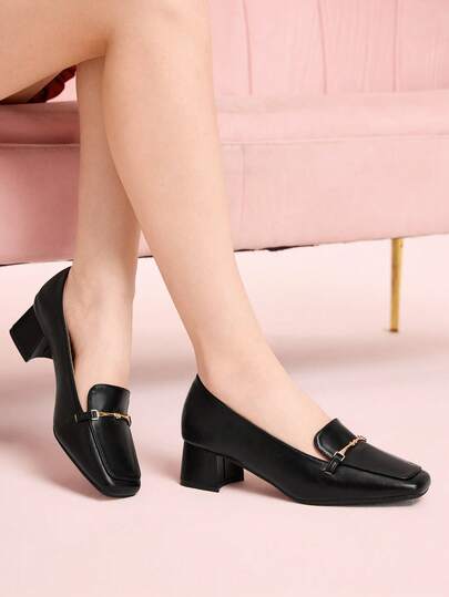 CUCCOO DOLLMOD French Shoes Women's Spring And Autumn Low Vamp Square Toe Middle Heel Thick Heel Soft Leather Metal Buckle Loafers