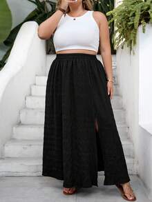 SHEIN CURVE+ Váy nữ dáng suông US22, thích hợp cho lễ hội âm nhạc, kỳ nghỉ biển, phong cách bohemian, màu trơn, cạp chun, xẻ tà bên hông, thích hợp mặc mùa hè. - màu đen - Xem 8