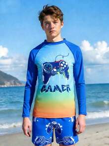 SHEIN 青少年男孩休閒拼接熱帶印花長袖防曬衝浪衣，附內褲式泳短褲，青少年男孩 - 彩色 - 查看 10