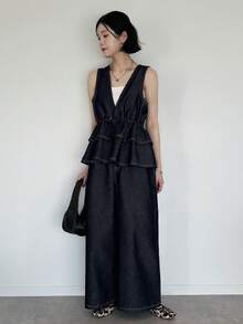 FRIFUL 女士深V领荷叶边下摆抽绳腰吊带背心和阔腿牛仔裤套装 - 藍色 - 查看 9