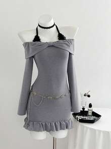 Lyxana Women's Gray Top Fashion Shoulder Off Top Halter Mini Dress  Gothic Top - Grey - View 8