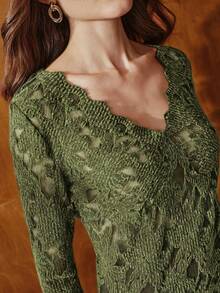 Anewsta 优雅不对称V领镂空蕾丝修身长袖针织T恤，女士秋冬款 - 綠色 - 查看 2