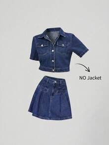 Sweetra Women's Fashion Casual Versatile European Style Elegant Pleated Denim Skirt - Medium Wash - View 3