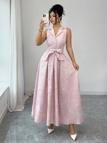 Elenzga 优雅无袖A字连衣裙，花卉提花面料，系带腰身，前开襟，修身剪裁，适合工作和休闲场合，春夏款 - 粉色 - 查看 7