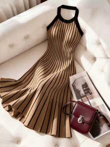 SHEIN Franclia Women Striped Halter Neck Sleeveless Fashionable Knitted Sweater Dress - Brown - View 1
