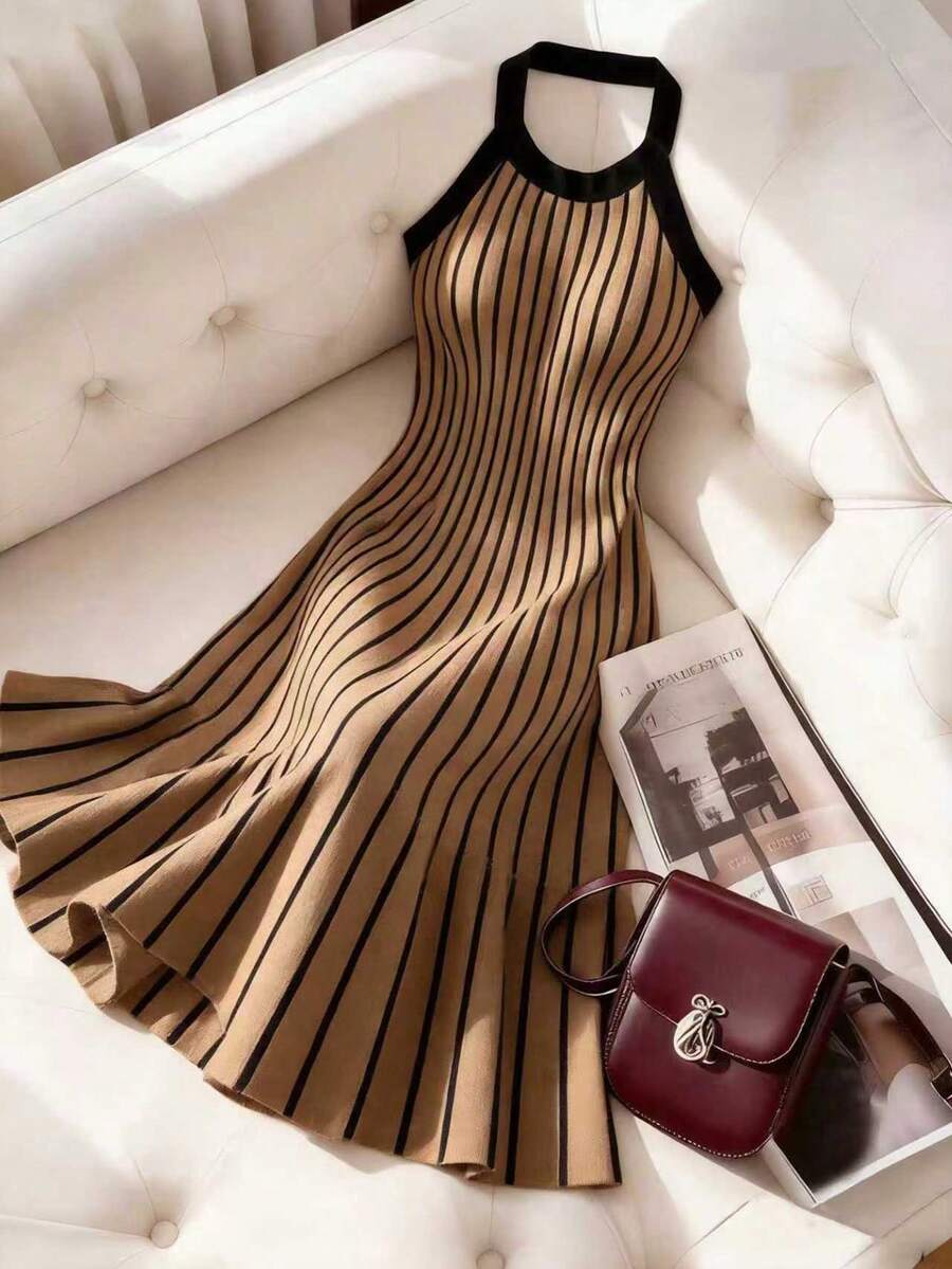 SHEIN Franclia Women Striped Halter Neck Sleeveless Fashionable Knitted Sweater Dress - Brown - View 1