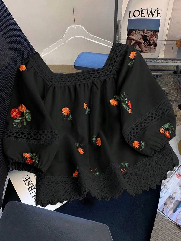 Franclia قميص مربع الرقبة مزخرف بالزهور للعطلات النسائي، ملابس صيفية