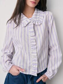 Nöista Regular Fit Blouse In Purple And White Stripes, Ruffles On Neck And Placket And Elastic Band On Cuffs. Casual Blouses For Women, Spring, Summer. - Purple - View 4