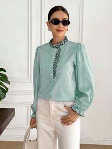 Serisse 女士条纹长袖休闲宽松纽扣衬衫 - 綠色 - 查看 3