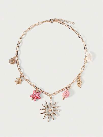 Glisma 1pc Handmade Summer Beach Elements Starfish Shell Sunburst Charm Necklace, Women Sunshine Sunray Pendant Necklaces Jewelry, Boho Style Jewelry Accessories (Slight Variations In Color And Shape)