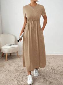 SHEIN Essnce 女士休闲日常通勤简约纯色短袖抽绳腰侧口袋连衣裙，夏季 - 卡其色 - 查看 3