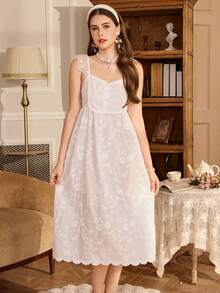 PalaceNights 复古宫廷风女士圆领吊带连衣裙 + 3D蝴蝶刺绣长袍套装 - 白色 - 查看 5