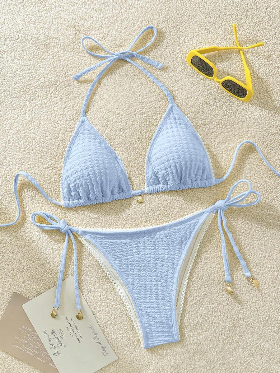 Swim Mod Women's Summer Vacation Beach Solid Color Textured Halter Bikini Set