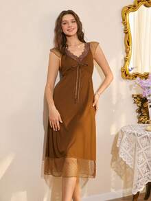 Elegant Lace Slip Dress, Mature Southern French Style - Brown - View 3