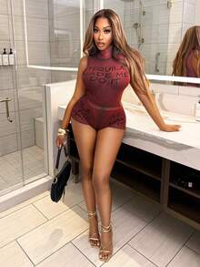 BamGleam 女士标语印花立领连体裤和短裤性感修身两件套 - 紅色 - 查看 3