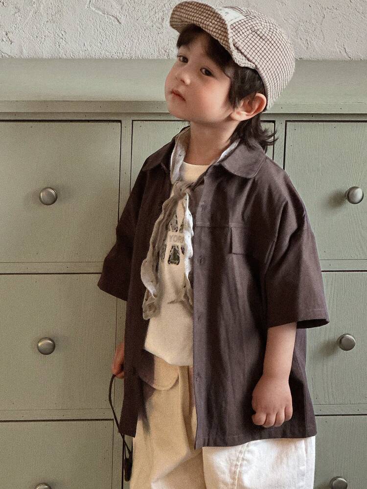 DAZY 男童纯色短袖落肩休闲纽扣衬衫，春夏款 - 棕色 - 查看 4