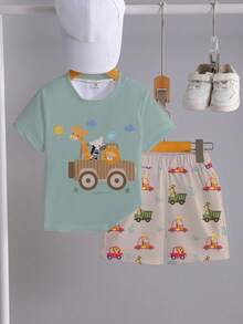 SHEIN Playful Pals 一套婴儿男童休闲卡通汽车动物印花T恤和短裤套装，短袖上衣印有车辆和动物图案，可爱日常玩耍装，春夏款 - 彩色 - 查看 3