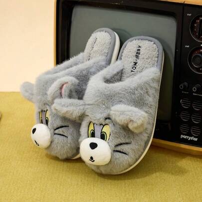 TOM & JERRY X Joivida Cute Plush Slippers With Lake-Stream Design, Women's Indoor Warm Home Slippers, Adorable Flat Shoes, Household Slippers, Winter Footwear.