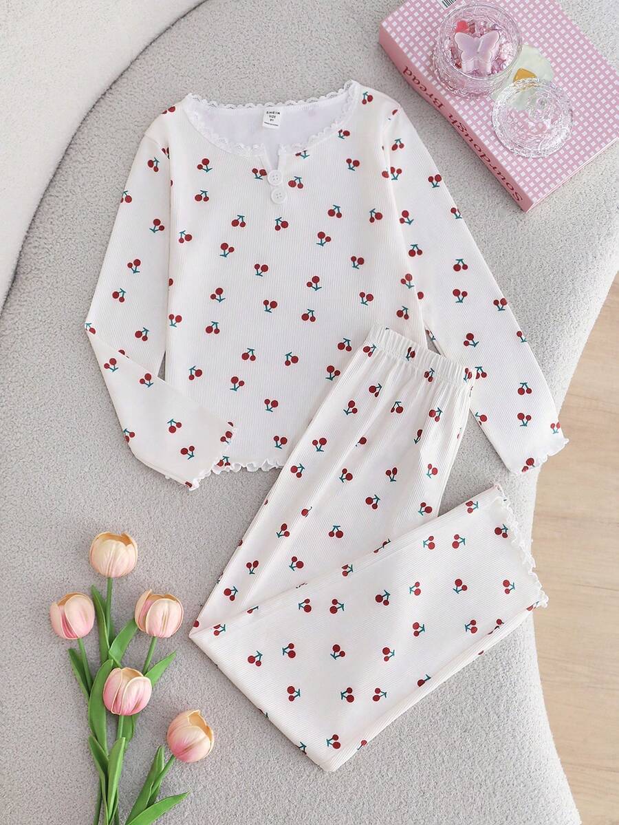 SHEIN 女童碎花蕾丝边圆领长袖睡衣套装 - 彩色 - 查看 1