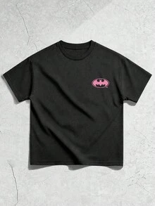 ROMWE MEN Batman X ROMWE Spring/Summer Casual Graphic Men'S Letter & Cartoon Figure Graphic Round Neck Short Sleeve T-Shirt - Black - View 2