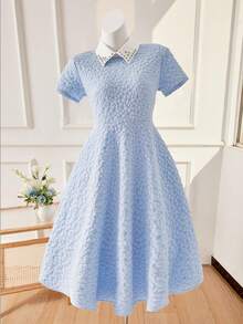 Diamond Collar, Jacquard Textured Fabric, A-Line Maxi Skirt, Elegant High Waist Snug Fit, Fashion & Graceful For Teenage Girls In Summer - Blue - View 4