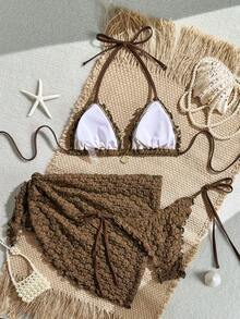 Swim Mod Bộ 3 món gồm áo bikini tam giác buộc dây cổ, quần bikini buộc dây bên hông và váy ngắn, chất liệu vải dệt hoa văn trơn, trang trí vỏ ngọc trai giả, viền bèo nhún, đồ bơi gợi cảm, bộ đồ hai mảnh móc len mùa xuân/hè, bộ đồ bơi hai mảnh móc len đi biển, bộ bikini móc len màu nâu, bộ đồ đi nghỉ mát cho nữ, bộ đồ đi biển cho nữ, bộ đồ phối hợp đi nghỉ mát cho nữ, bộ áo khoác ngoài bikini, bộ đồ che phủ đi biển. - màu nâu - Xem 2