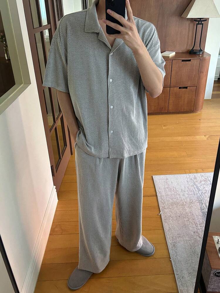 Men's Striped Shirt And Loungewear Set, Spring/Summer