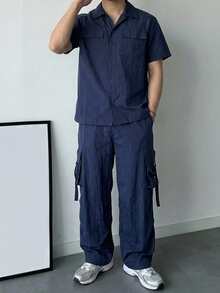 DAZY Men's Solid Blue Short Sleeve Top And Pants Set, Spring/Summer - Blue - View 3