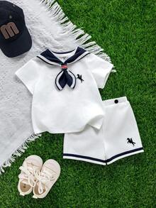SHEIN 3pcs/Set Unisex Baby Boy Sailor Style Outfit,White Summer Knit Top,Shorts & Navy Blue Cape Set,Elegant Page Boy Clothes For Wedding Christening Gift - White - View 4