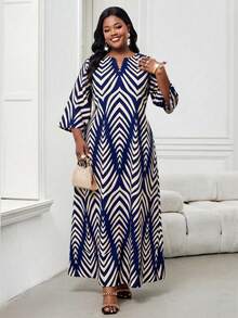 SHEIN Lady Vestido Elegante com Decote em Entalhe e Manga 3/4 para Mulheres Plus Size - Multicolorido - Visão 5