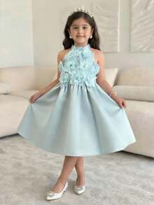 SHEIN Young Girl Solid Color 3D Floral Sleeveless Pullover Dress - Green - View 5