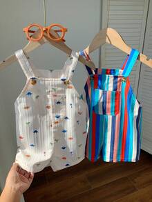 SHEIN 2pcs/Set Newborn Baby Unisex Casual Cute Striped Strap Romper 2-Piece Outfit, Summer - Multicolor - View 3