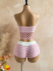 Soleia 2pcs Women Striped Knit Casual Hollow-Out Fashion Tube Top & Sweater Set - Pink - View 2