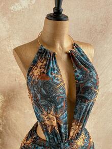 Soleia 女士性感复古图案网纱深V领串珠装饰紧身迷你连衣裙，适合节日派对、圣诞节、约会之夜、夜店、波西米亚风、度假、秋季等场合。 - 藍色 - 查看 5