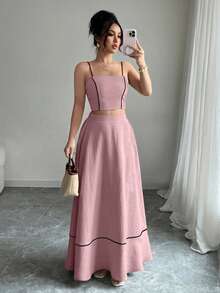 Elenzga 女士优雅吊带上衣和A字型长裙两件套，时尚/度假休闲 - 藕粉色 - 查看 5