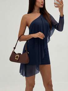 Aloruh Đầm ngắn nữ màu trơn lệch vai tay dài xếp nếp gợi cảm - Màu xanh hải quân - Xem 3