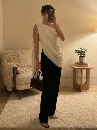 Aloruh Apricot Asymmetrical Satin Sleeveless Blouse, Elegant For Commuting, New Spring/Summer,Spring Outfit Women