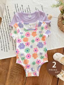 Bộ 2 áo liền quần dệt kim cổ tròn họa tiết hoa và màu trơn cho bé gái - Nhiều màu - Xem 3