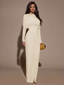 SHEIN BAE Women's Solid Color Boat Neck Ruched Long Sleeve Dress - Apricot - View 3