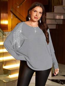EMERY ROSE Plus Size Women's Rhinestone Star Decor Round Neck Gigot Sleeve Fashionable T-Shirt Long Sleeve Top Batwing Sleeve Top Grey Top - Grey - View 7