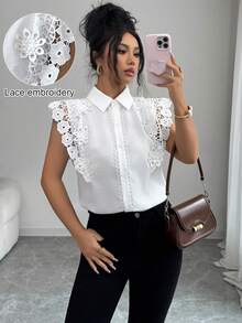 Elenzga Áo kiểu nữ dáng tiêu chuẩn mùa xuân/hè, phối ren, họa tiết hoa 3D, thanh lịch. - trắng - Xem 1