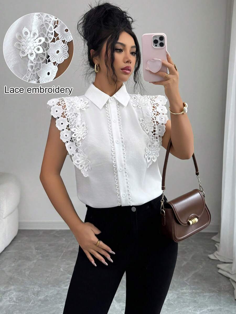 Elenzga Áo kiểu nữ dáng tiêu chuẩn mùa xuân/hè, phối ren, họa tiết hoa 3D, thanh lịch. - trắng - Xem 1