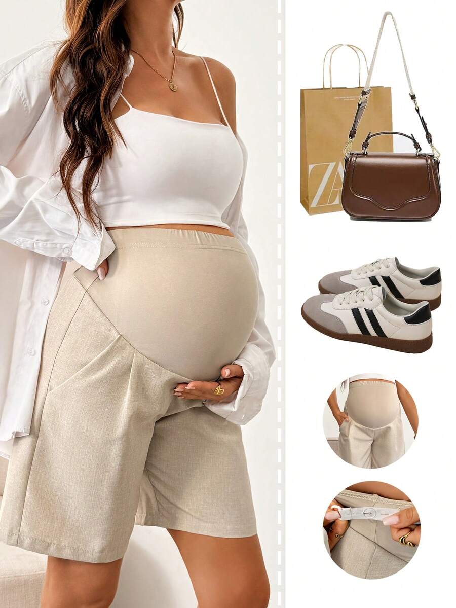 SHEIN Maternity Casual High Waist Shorts, Summer, Summer Holiday Outfits , Summer Outfits, Summer Clothes - Khaki - View 1