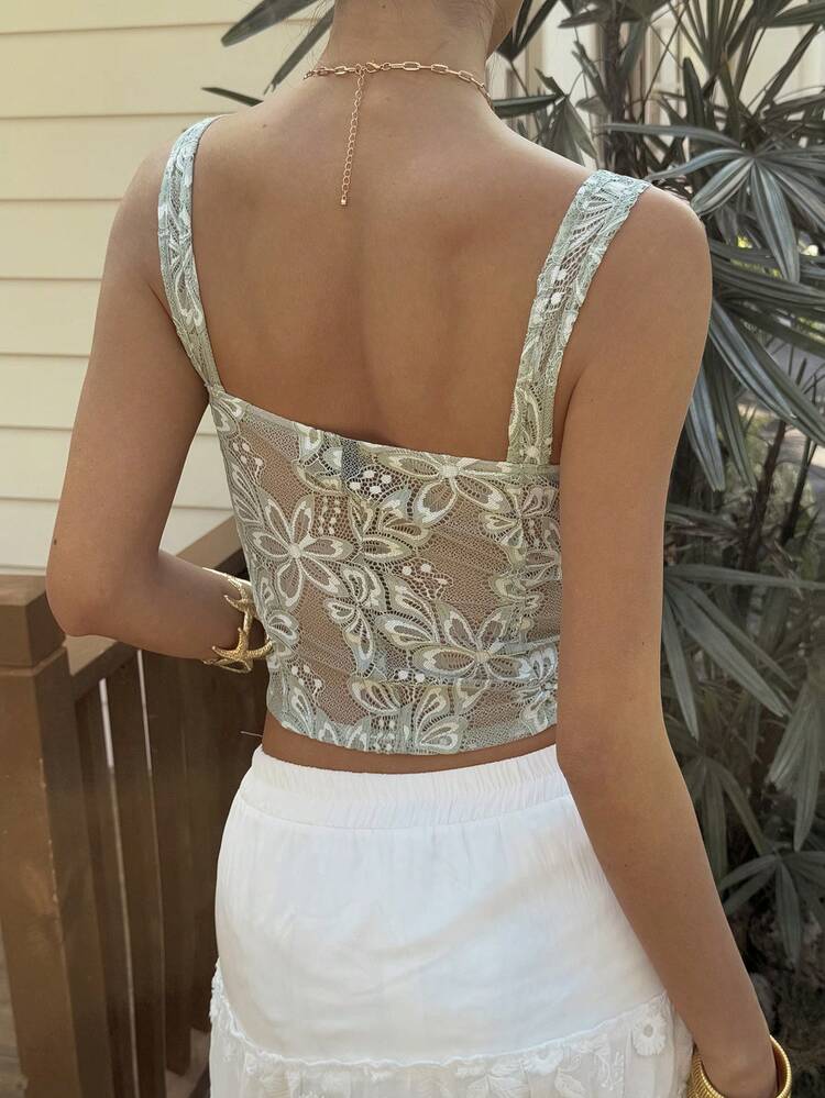 Women's Green Lace Sheer V-Neck Tie Strap Camisole For Beach Holiday Vacation Summer