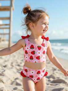 少女可爱休闲红色草莓印花泳装套装，肩部饰有红色蝴蝶结，适合度假，开启夏日时尚之旅。 - 紅色 - 查看 8