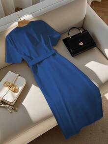 GlowEve 女士纯色腰带前扣优雅短袖中长连衣裙 - 藍色 - 查看 2