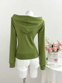 Elamini 女士修身复古风针织弹力连帽保暖长袖口袋卫衣 - 綠色 - 查看 2
