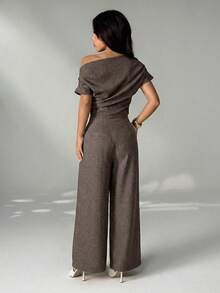 SHEIN PETITE 女士夏季新款简约优雅日常休闲亚麻通勤宽领露肩上衣搭配阔腿裤套装 - 咖啡棕 - 查看 3